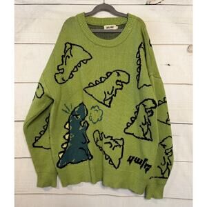 Aelfric Eden sweater womens large dinosaur knit t-rex green AOP cartoon